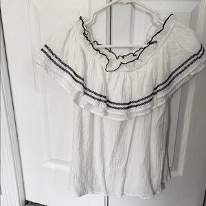 ODDY White Off-Shoulder Ruffle Blouse with Black Trim